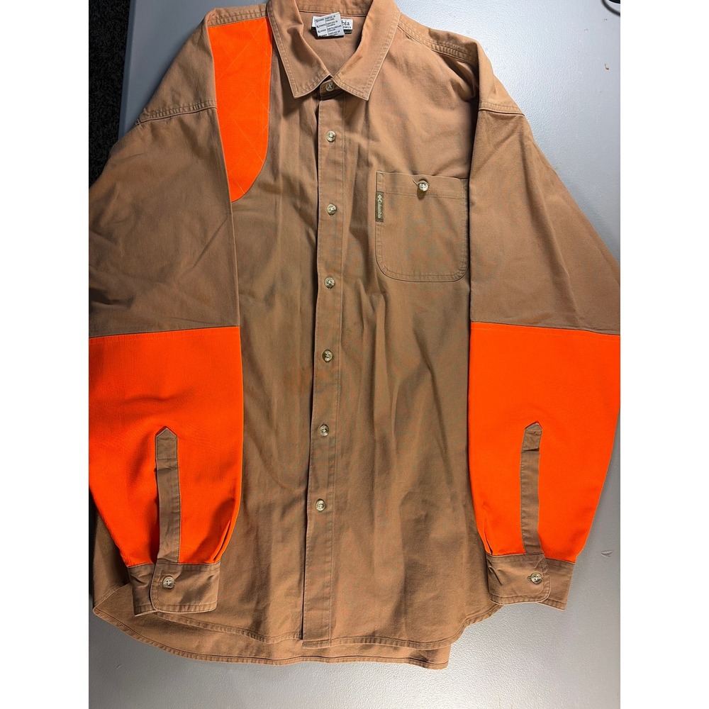 Columbia Hunting Shirt Mens XL Brown Blaze Orange Shooting Patch Long Sleeve Cot - Picture 5 of 9